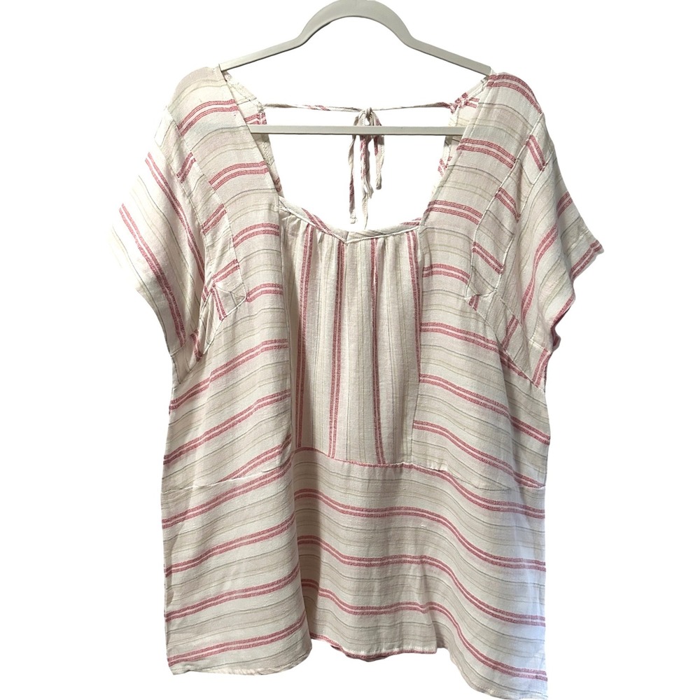 Easel Women'sStriped Short Sleeve Cotton Gauze Top  Red S Lagenlook Boho Slouchy